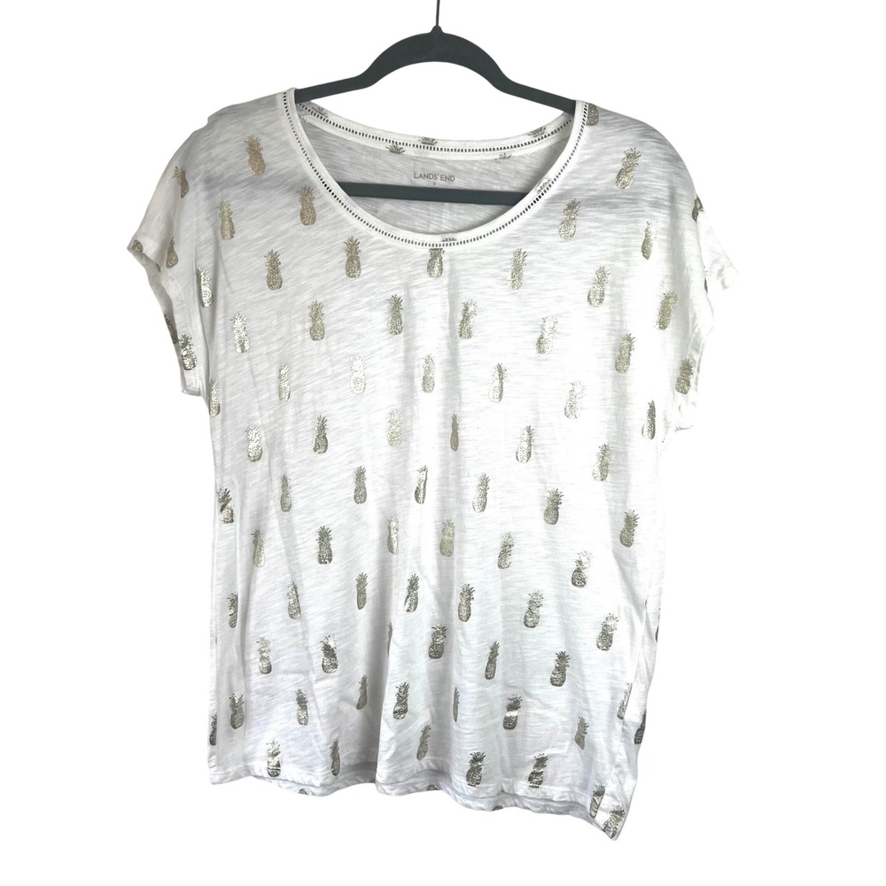 Lands End White Embellished Tshirt Gold Metallic Pineapples Sz‎ Small